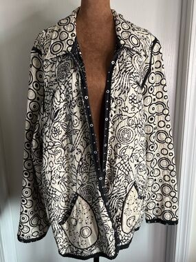 Yak Magik Black & Ivory Embroidered Open Reversible Jacket XL Boho Lagenlook